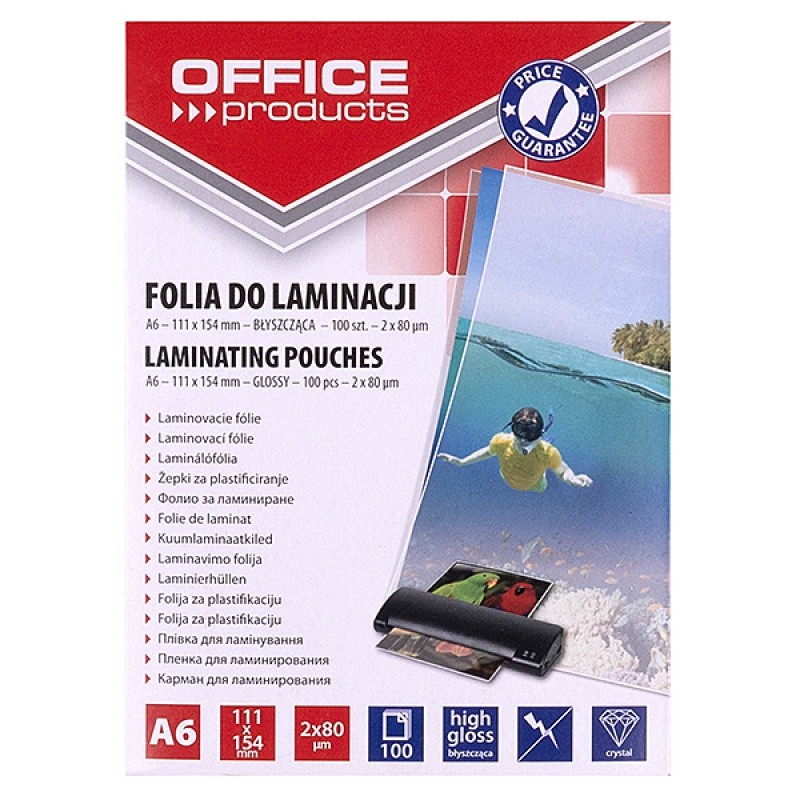 LAMINATING POUCHES OFFICE PRODUCTS A6 111X154 MM GLOSSY 100PCS 2X80MIC