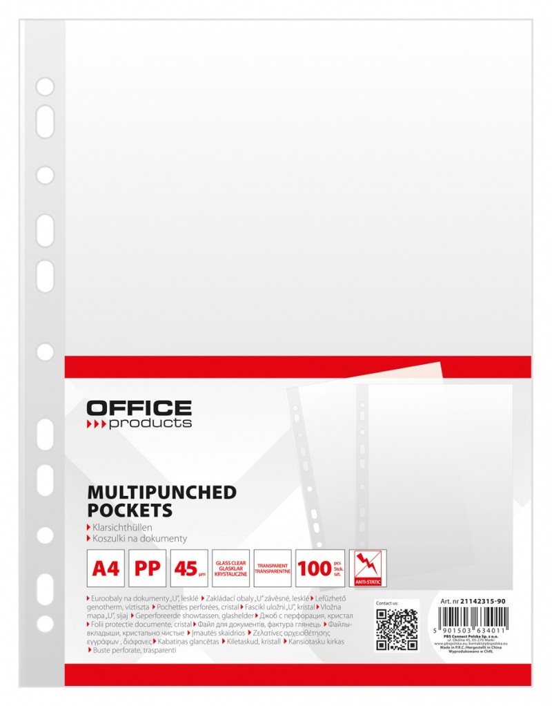 MULTIPUNCH POCKETS GLASS CLEAR, OFFICE PRODUCTS, PP, A4, 45 UM, 100PCS, TRANSPARENT