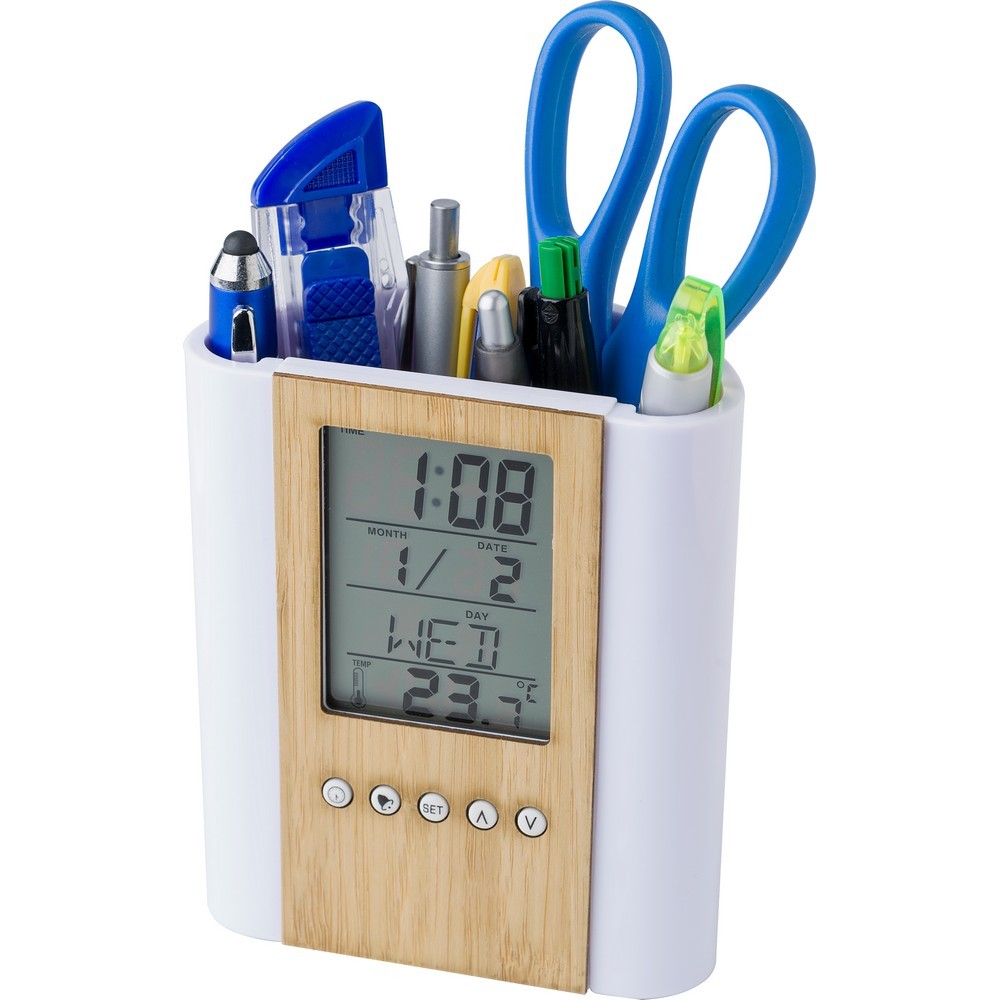 Pen holder with multifunctional clock