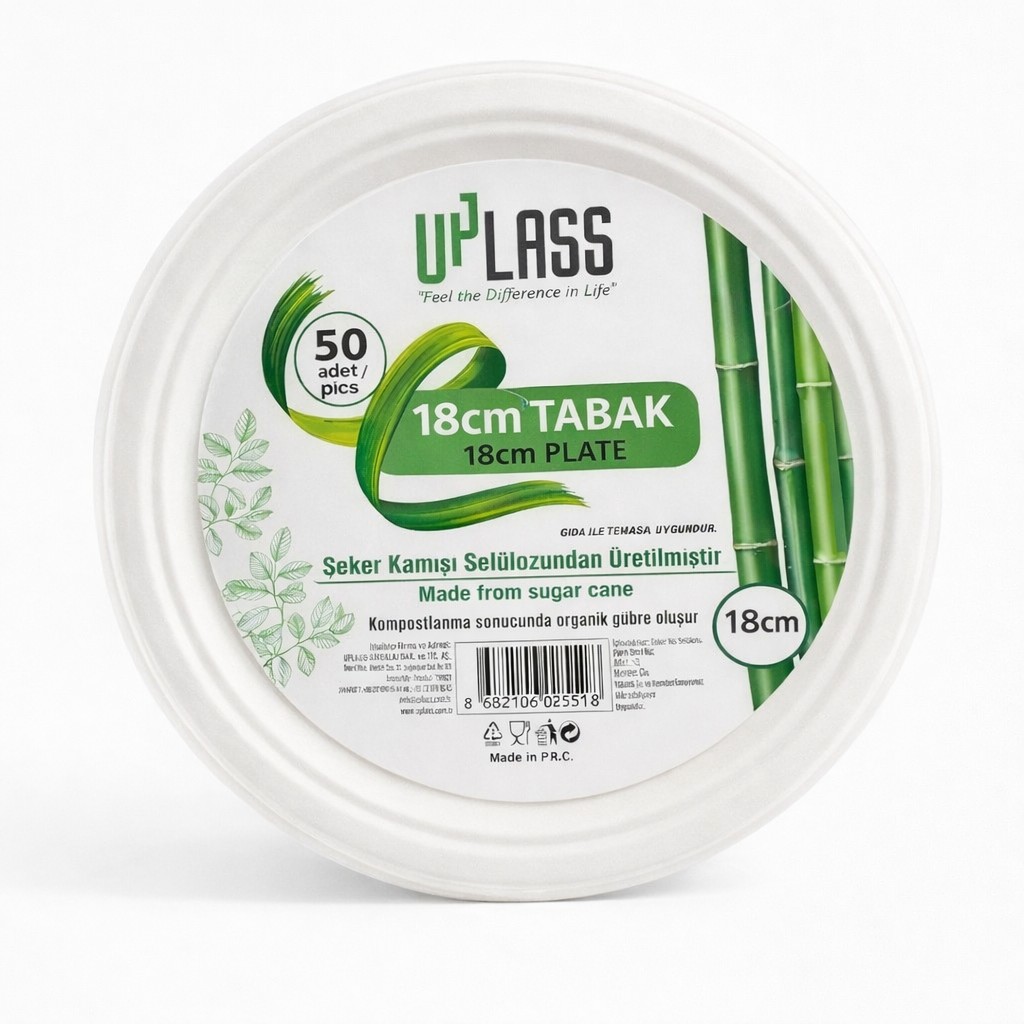 მუყაოს, ბიოდეგრადირებადი ერთჯერადი თეფში 50 ცალიანი შეფუთვა (180მმ დიამეტრი) "UPLASS" მაღალი ხარისხი *უძლებს მაღალ და დაბალ ტემპერატურას"