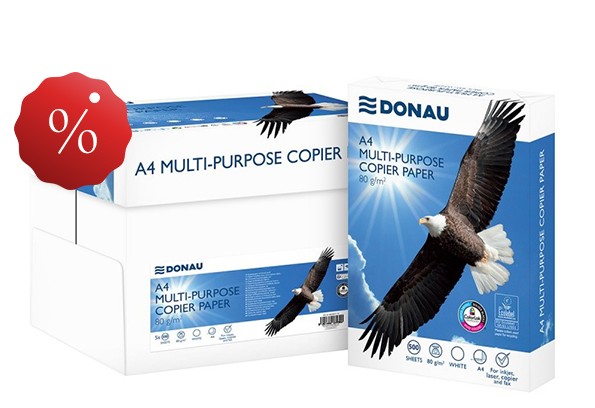 (ყუთი-5შეკვრა) A4 საბეჭდი ქაღალდი DONAU 80 გრ. 500 ფურც. სითეთრე - 150CIE, სისქე - 106მკ. C კლასი - საბითუმო შეთავაზება