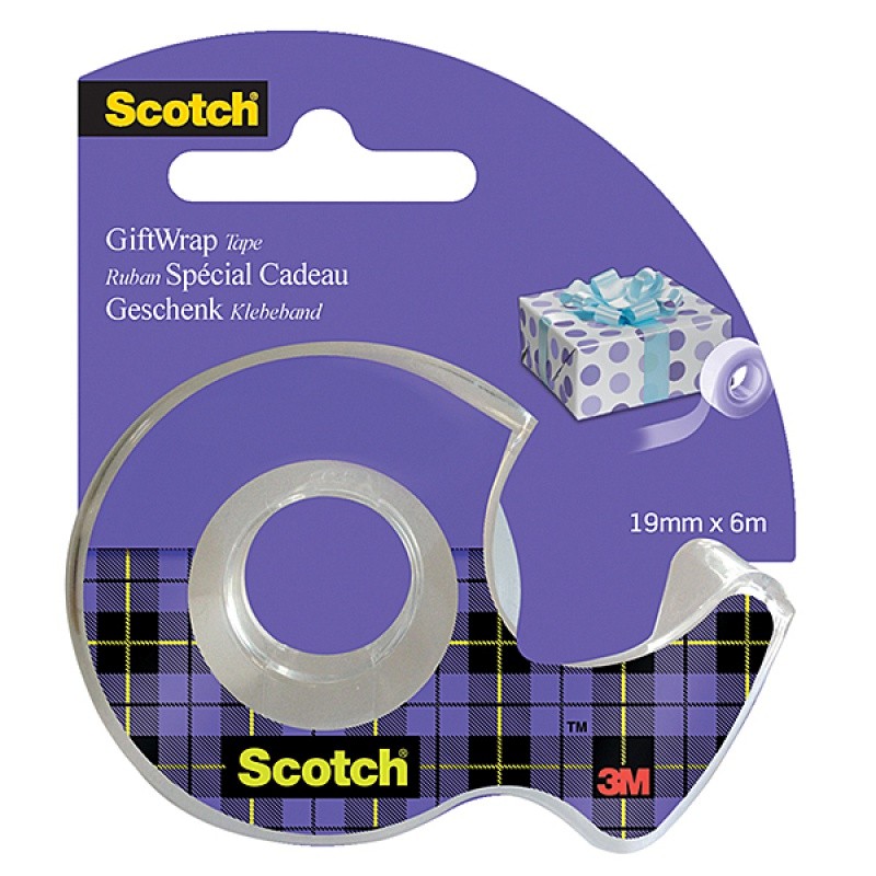 სკოჩი დისპენსერით 3M SCOTCH® GIFT WRAP, უჩინარი, შესაფუთად, 19მმx6მ