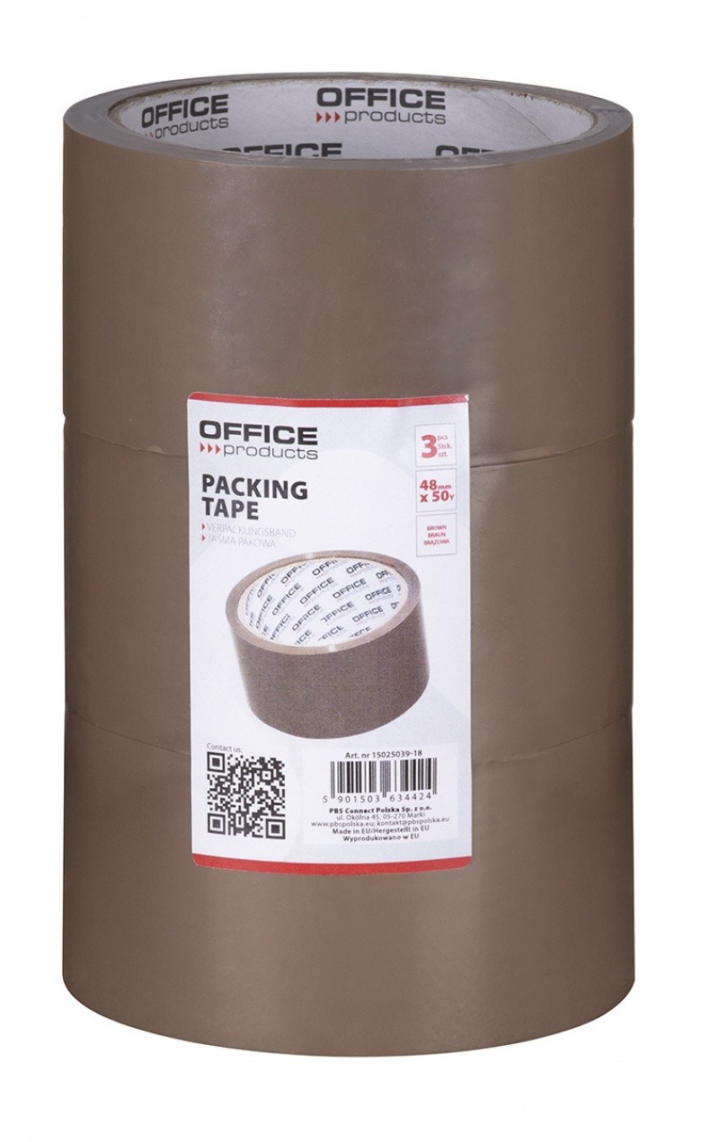 შესაფუთი სკოჩი (3ცალი) OFFICE PRODUCTS (46 მეტრი) სიგანე:48მმ / სისქე:36 მიკ ყავისფერი