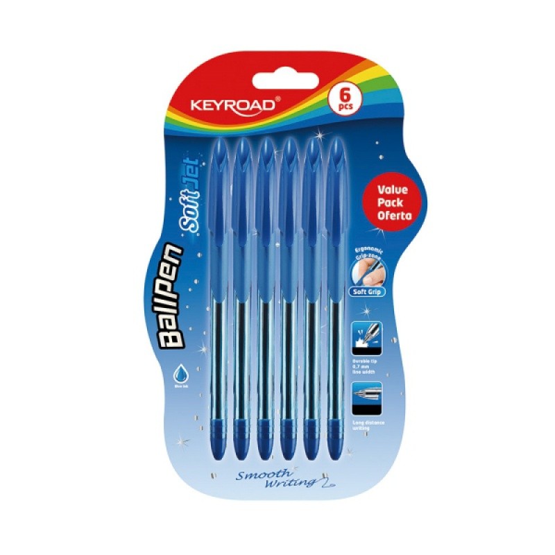 კალამი ბურთულიანი KEYROAD SOFT JEFT, Soft grip, 6 ცალიანი შეფუთვა, 0.7მმ, ლურჯი