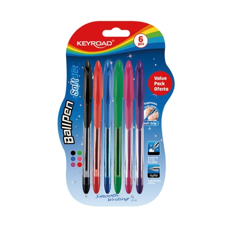 კალამი ბურთულიანი KEYROAD SOFT JEFT, Soft grip, 6 ცალიანი შეფუთვა, 0.7მმ, შერეული მელნის ფერები
