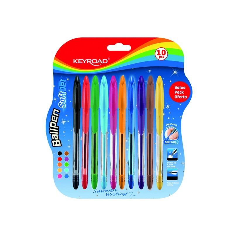 კალამი ბურთულიანი KEYROAD SOFT JEFT, Soft grip, 10 ცალიანი შეფუთვა, 0.7მმ, შერეული მელნის ფერები