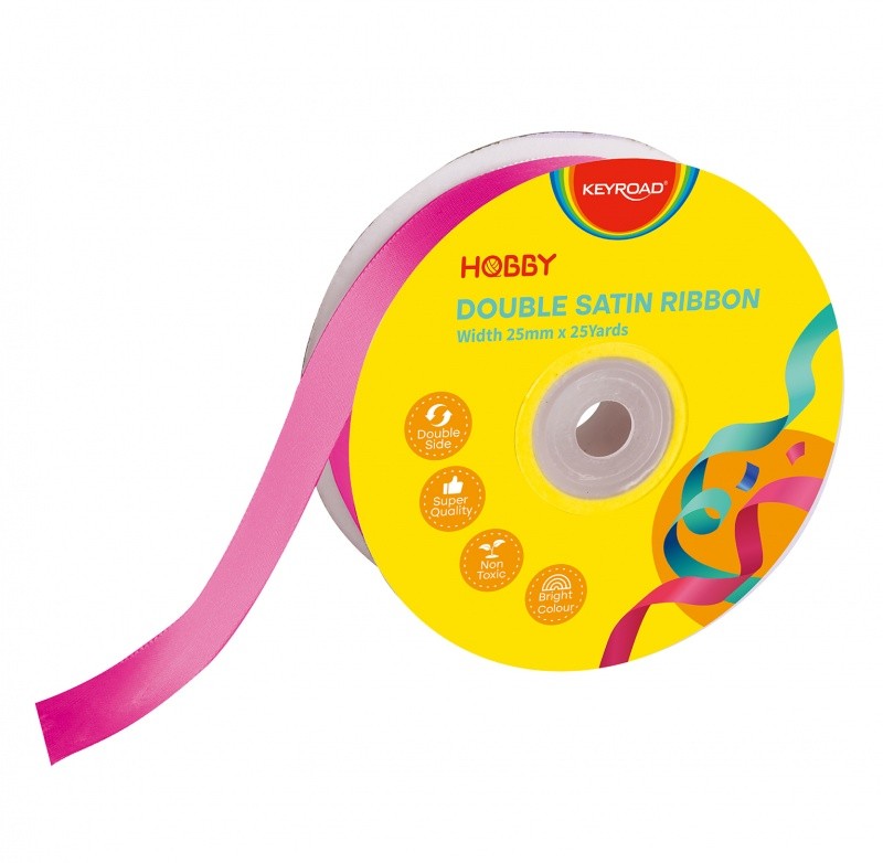 RIBBON, KEYROAD, SATIN, DOUBLE, WIDTH 25MM X 22,86M, SINGLE ROLL WITH CARD, PINK
