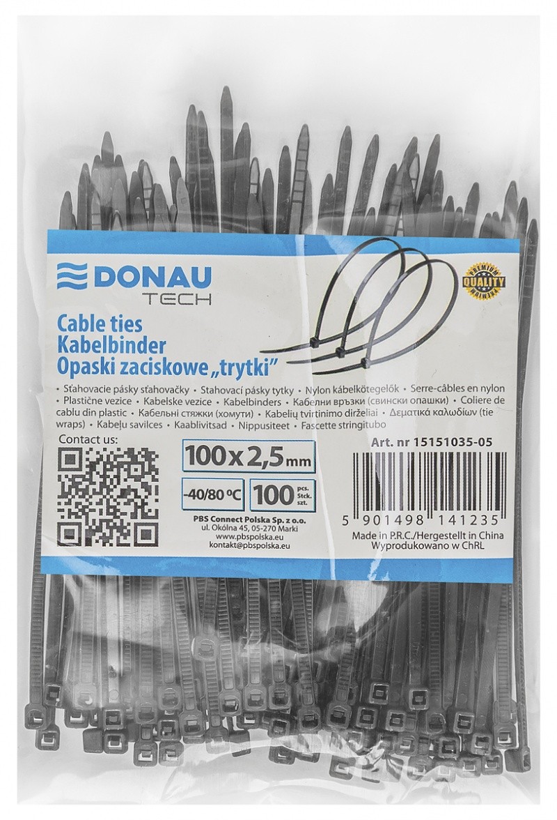 TIE WRAPS,  DONAU TECH, 100X2,5MM, 100PCS, TEMP -40/80, BLACK