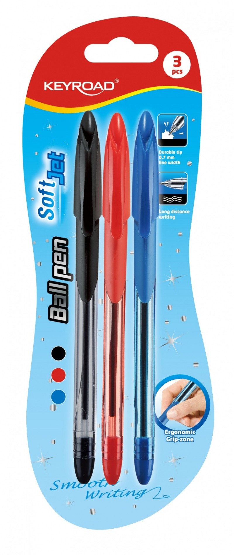 PEN, KEYROAD, BALL PEN SOFT JET, SOFT GRIP, 0.7MM, MIX INK COLOURS, 3PCS, BLISTER
