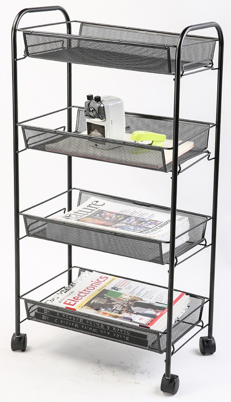 KNOCK-DOWN PACK 4-TIER STORAGE TROLLEY WITH ROLLER, Q-CONNECT, STEEL, MESH, BLACK