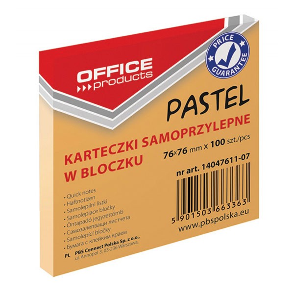 ჩასანიშნი წებოვანი სტიკერი OFFICE PRODUCTS 76X76მმ 100 ფურცელი PASTEL ნარინჯისფერი