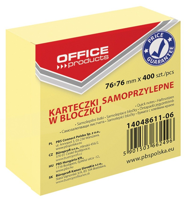 ჩასანიშნი წებოვანი სტიკერი OFFICE PRODUCTS 76X76მმ 400 ფურცელი ყვითელი