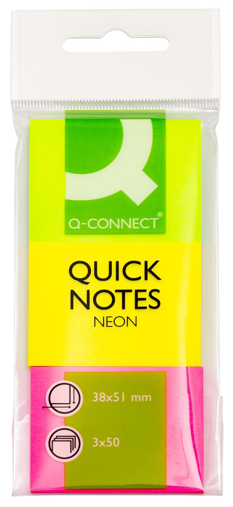ჩასანიშნი წებოვანი სტიკერი, Q-CONNECT 38X51მმ, (50 ფ), NEON, 3 ცალიანი შეფუთვა