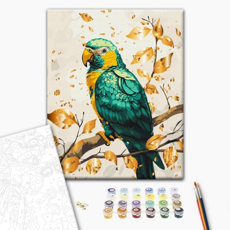 PAINTING BY NUMBERS, BRUSHME, 40X50CM, GOLD, EMERALD PARROT, 1PC, BOX