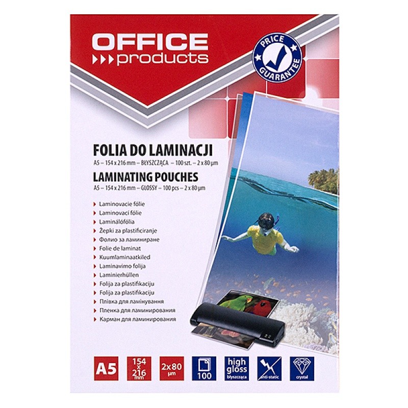 LAMINATING POUCHES OFFICE PRODUCTS A5 154X216 MM GLOSSY 100PCS 2X80MIC