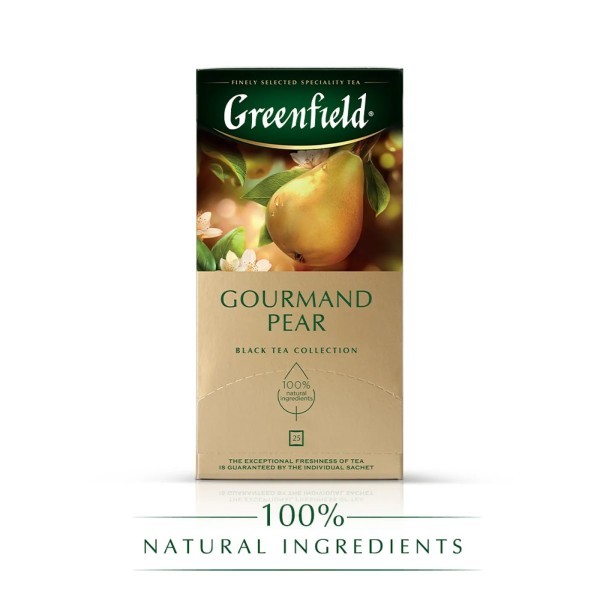 ჩაი შავი "გრინფილდი / Greenfield" GOURMAND PEAR კონვერტით, 25 ცალიანი შეფუთვა